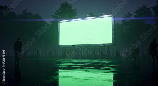 Fototapeta Empty billboard in a misty, dark forest at night, reflected in a flooded area.