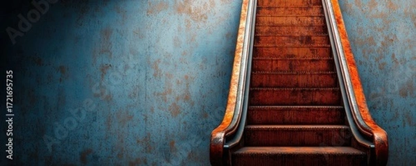 Fototapeta A vintage wooden escalator leading upwards in a textured wall environment.