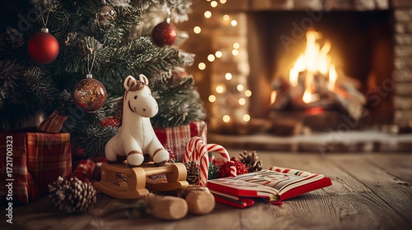 Obraz A children's gift set for the New Year 2026. A cute rocking toy, a stuffed horse, a colorful book, and striped candy canes, all nestled under the tree next to the fireplace.