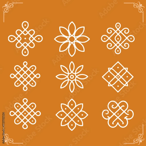 Obraz Set of 10 South Indian Kolam Mandala Designs – White Line Art on Transparent Background