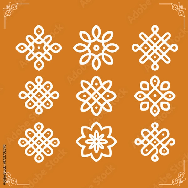 Obraz Set of 10 South Indian Kolam Mandala Designs – White Line Art on Transparent Background