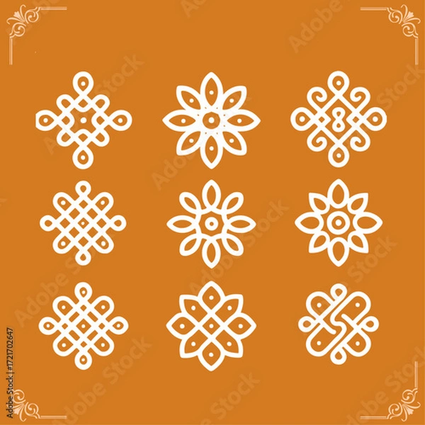 Obraz Set of 10 South Indian Kolam Mandala Designs – White Line Art on Transparent Background