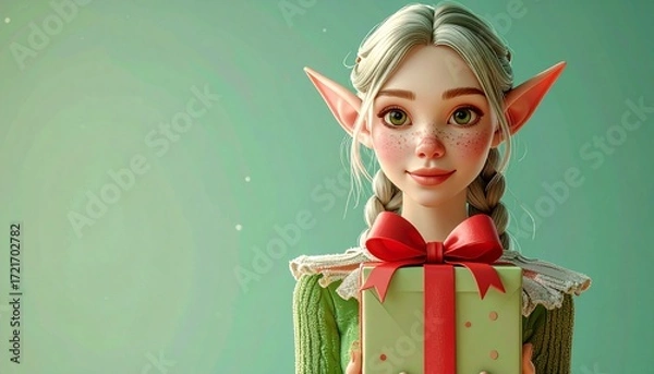 Obraz 3D render of cheerful elf carrying oversized present with ribbon bow, pastel green background, perfect for Christmas cards, holiday ads, and festive seasonal illustrations