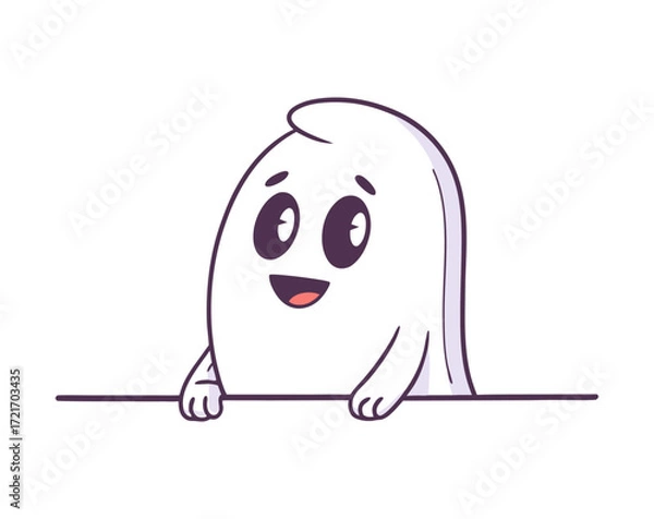 Obraz A cute and friendly cartoon ghost character peeking over a horizontal border. Adorable smiling spook for Halloween, isolated on a white background