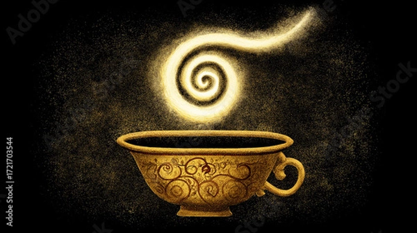 Fototapeta longevity. Vintage coffee cup with an infinite glowing spiral, symbolizing longevity and ritual. bar promotions, beverage menus, designed for food & beverage menus and cafe branding