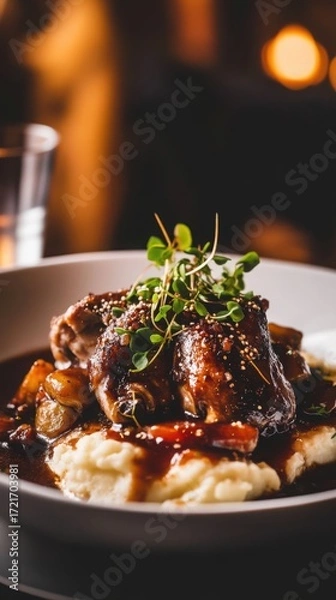 Fototapeta Savory dish of braised meat with mashed potatoes and sauce  