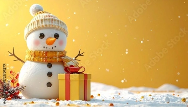 Obraz Cute 3D render of snowman sitting beside a festive gift box, pastel yellow background with copy space, ideal for holiday marketing, greeting cards, and Christmas decor projects.