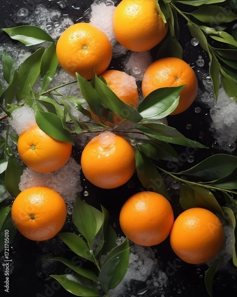 Fototapeta Bright orange tangerines with green foliage lie against a black background amidst snow. A creative vertical sales concept for a New Year's campaign