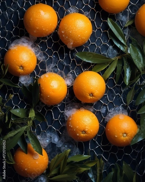 Fototapeta Bright orange tangerines with green foliage lie against a black background amidst snow. A creative vertical sales concept for a New Year's campaign