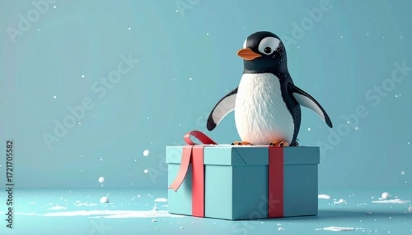 Obraz 3D render of adorable penguin standing on large festive gift box, pastel blue background, perfect for holiday ads, Christmas cards, and seasonal cheerful illustration projects.
