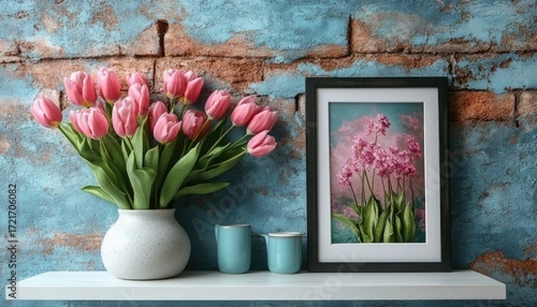 Fototapeta Pink tulips in a vase stand near a framed flower art, mugs on shelf. Use for spring decor ideas, home design, or flower shop promotions.