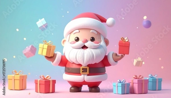 Obraz Cute 3D render of kawaii Santa Claus juggling small colorful gift boxes, pastel background with copy space, great for holiday campaigns, festive cards, and Christmas design.