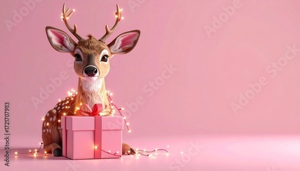 Obraz Adorable 3D render of reindeer with Christmas lights wrapped around gift box, pastel pink background, perfect for Christmas marketing, cards, and seasonal holiday illustration.