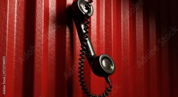 Fototapeta A black telephone receiver hanging against a red corrugated metal wall in a dimly lit setting