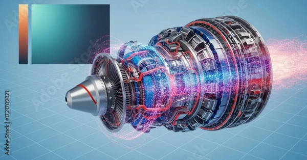 Fototapeta Detailed rendering of a jet engine with visible internal components and energy flow simulation effects