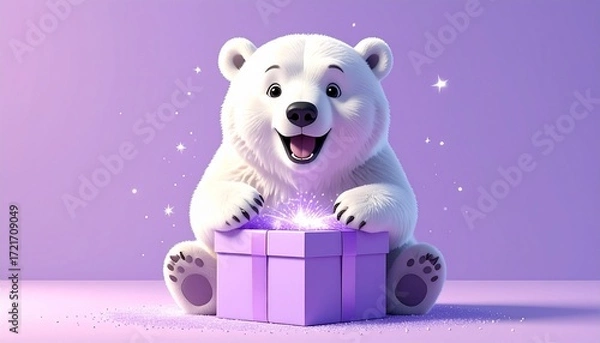 Obraz 3D render of adorable polar bear opening sparkling gift box, pastel purple background with copy space, ideal for Christmas greeting cards, festive ads, and seasonal projects.