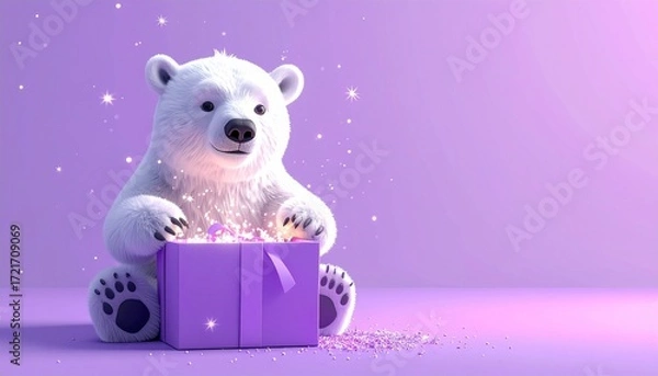 Obraz 3D render of adorable polar bear opening sparkling gift box, pastel purple background with copy space, ideal for Christmas greeting cards, festive ads, and seasonal projects.