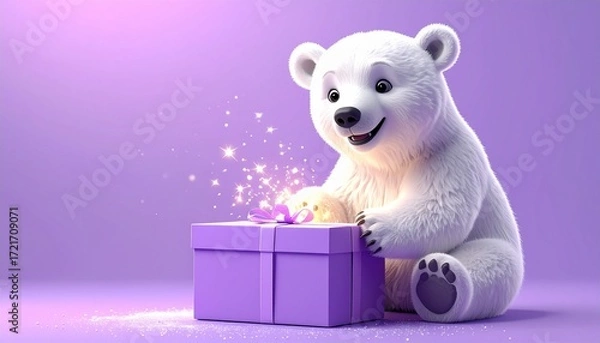Obraz 3D render of adorable polar bear opening sparkling gift box, pastel purple background with copy space, ideal for Christmas greeting cards, festive ads, and seasonal projects.
