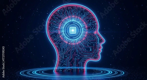 Fototapeta Glowing human head outline with circuit board pattern and central processor on a dark background