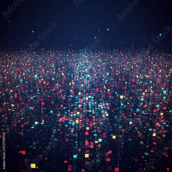 Fototapeta An abstract field of glowing colored cubes with dark background and rising light beams effect