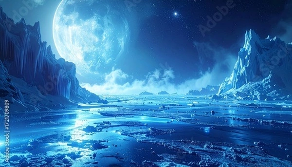 Fototapeta 氷の床と幻想的な青い光、美しいアクセント、かっこいい雰囲気の背景画像 Generated by A 
