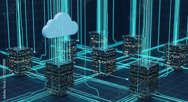 Fototapeta Cloud computing servers connected with glowing lines and a cloud above on a grid background