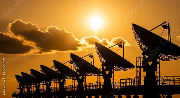 Fototapeta A row of satellite dishes silhouetted against a bright orange sunset with clouds in the background