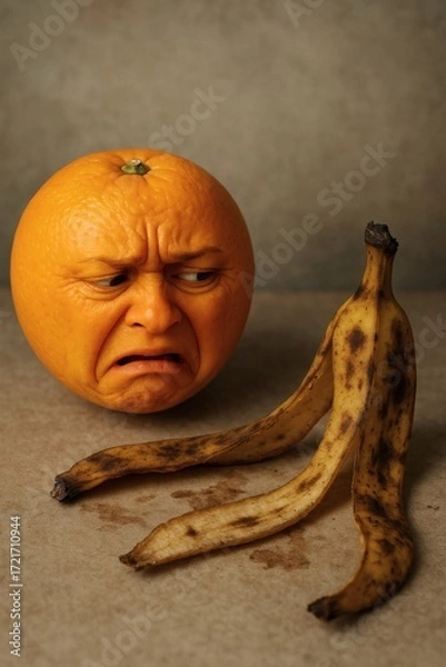 Fototapeta Orange with Facial Expression and Banana Peel