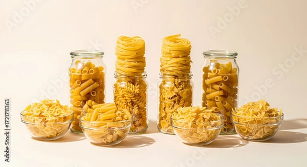 Obraz Artisan Pasta Collection Jars and Bowls of Dry Pasta Varieties