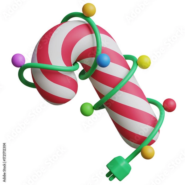 Fototapeta 3d render of a Christmas cane decorated with colorful Christmas lights