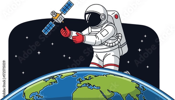 Fototapeta Astronaut in space reaching for a satellite above Earth, symbolizing exploration and technology.