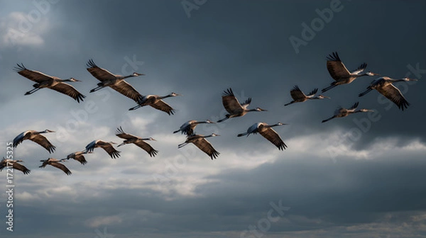 Fototapeta Captivating Aerial Ballet:The Mesmerizing Beauty of irds Soaring in Elegant Fomation Across the Sky, Demnstrating Nature's Intricae Coordination and Unity