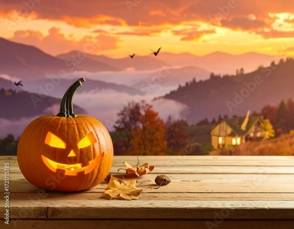 Fototapeta Glowing Jack-o'-Lantern on a Wooden Table with a Mountain Sunset View


