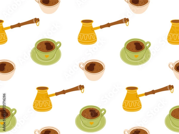 Obraz Seamless coffee pattern with cezve and cups. Vector illustration for packaging, textile, wallpaper design