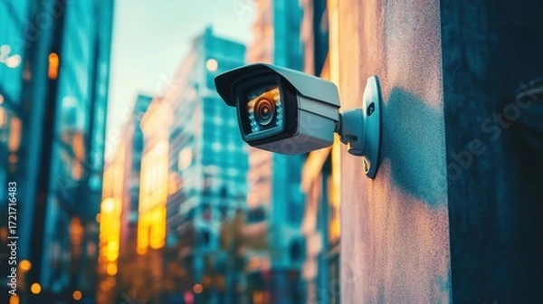 Fototapeta Modern CCTV security camera mounted on a wall with copy space, soft daylight, urban street background.
