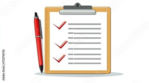 Fototapeta Vector illustration of business survey checklist on clipboard with pen, minimal modern design, clean white background.