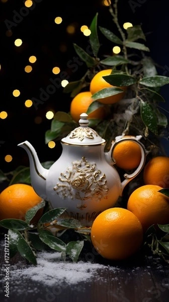 Fototapeta Bright orange tangerines with green foliage lie against a black background amidst snow. A white teapot stands among the fruit. A creative vertical sales concept for a New Year's campaign