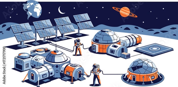 Fototapeta Astronauts connect modules at a futuristic lunar base powered by solar energy under starry sky