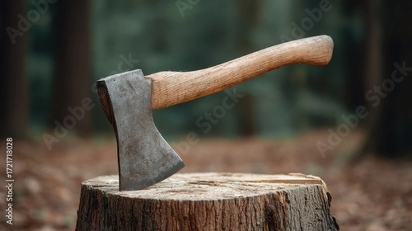 Fototapeta Wooden Handled Axe Resting on Tree Stump in a Forest Setting Surrounded by Blurred Green Background and Nature Elements