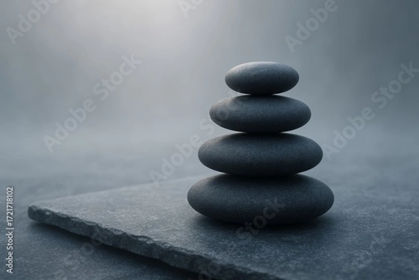 Fototapeta Minimalist zen stones stacked in balance on a flat rock, symbolizing calm, harmony, and mindfulness for wellness and spa themes.