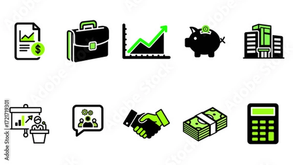 Fototapeta Corporate business and finance icon set in a vibrant green and black color scheme.