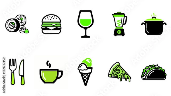 Fototapeta Food and drink icon set in a vibrant green and black color palette.