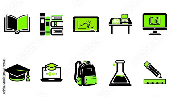 Fototapeta Modern education and e-learning icon set in a vibrant green and black color scheme.