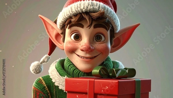 Fototapeta 3D render of cheerful elf peeking from behind festive gift box, isolated clean background with copy space, great for Christmas promotions, cards, and seasonal marketing.