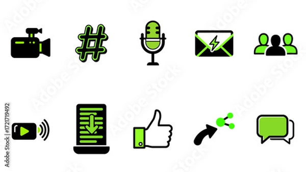 Fototapeta Social media and digital marketing icon set in a vibrant green and black color scheme.