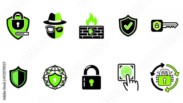 Fototapeta Cybersecurity and online safety icon set in a vibrant green and black color scheme.