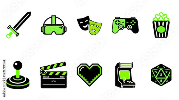 Fototapeta Gaming and entertainment icon set with a vibrant green and black color palette.