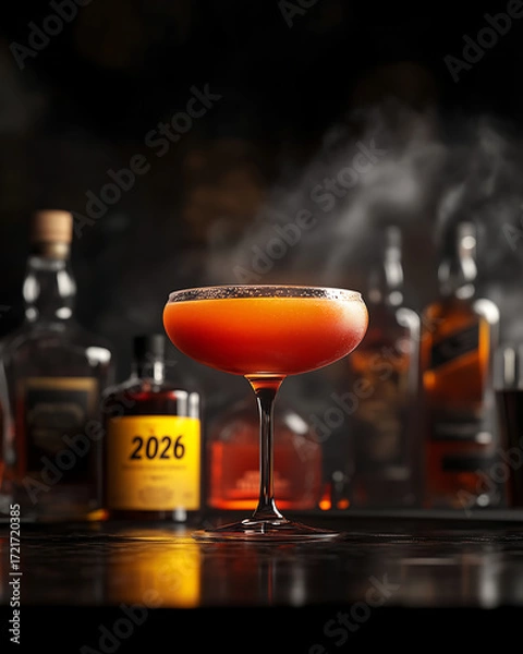 Obraz A cocktail set for New Year's 2026. A stylish glass filled with a vibrant orange-red cocktail sits alongside bottles of premium spirits, mixers, and a recipe card with the words "2026."