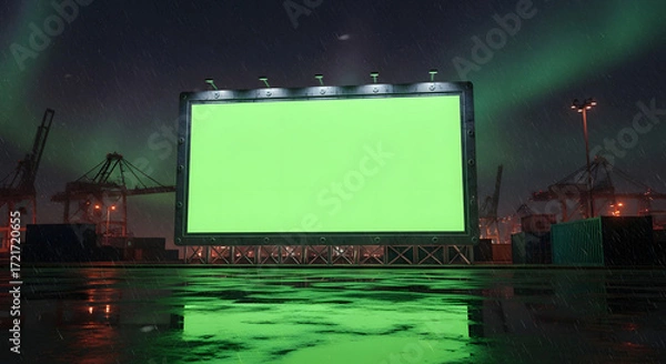 Fototapeta Large green screen billboard at night in a harbor, illuminated by spotlights and cranes.
