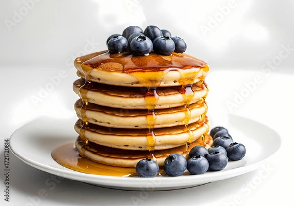 Obraz Delicious Stack of Pancakes with Blueberries and Maple Syrup on White Plate